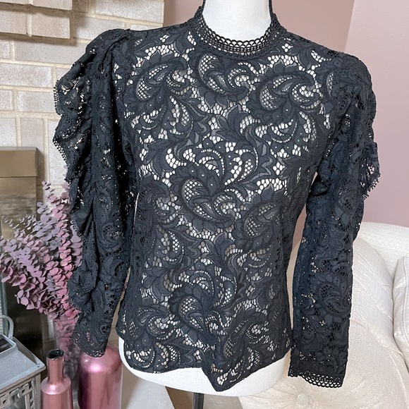 LIKE NEW! EXPRESS Lace Ruffle Sleeve Top - Black - Picture 11 of 11